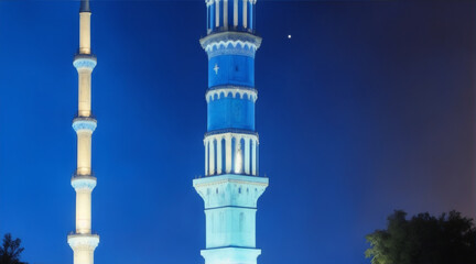 Fototapeta na wymiar Illuminated minaret symbolizes spirituality in famous blue mosque. Generative AI.