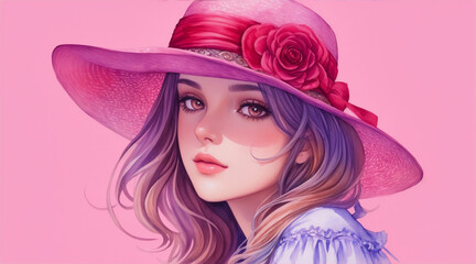 A illustration of a beautiful girl wearing a hat watercolor art. Generative AI.