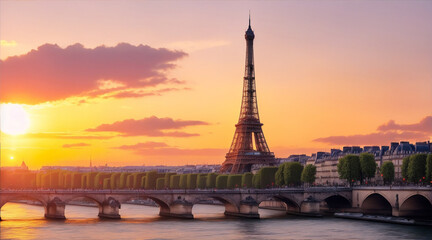 Fototapeta na wymiar Sun sets on Paris a city of history. Generative AI.