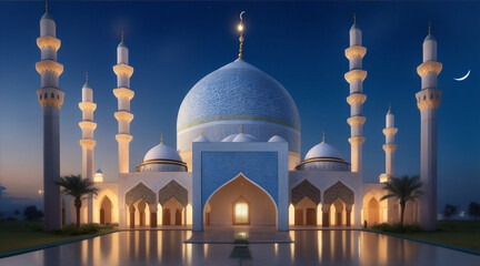 Fototapeta na wymiar The beautiful serene mosque at day in the blessed month of Ramadan the illuminated. Generative AI.