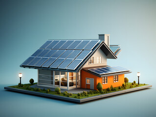 model house with Solar Panel on the roof 3D illustration. Renewable energy concept
