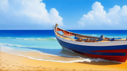 Fototapeta na wymiar Boat on beach oil painting wallpaper background landscape. Generative AI.