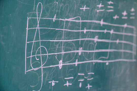 Musical notes written on a blackboard in a school classroom.