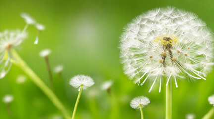 Dandelion water drops and closeup of flower in nature for spring and natural background. Generative AI.