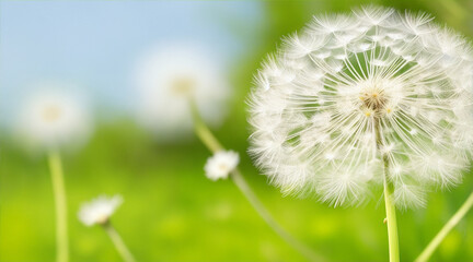 Dandelion wind drops and closeup of flower in nature for spring and natural background. Generative AI.