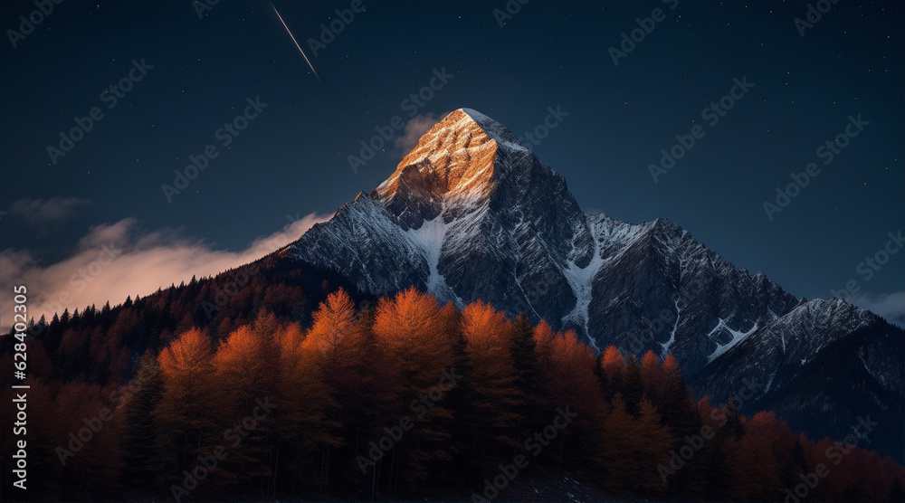 Poster Mountain peak in autumn on night. Generative AI.