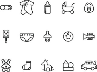 線画育児ベビー用品のイラストアイコンセット