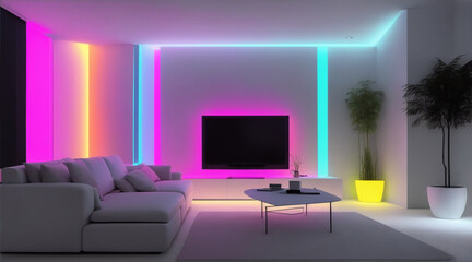 The minimalist interior design of the modern living room with colorful light neon. Generative AI.