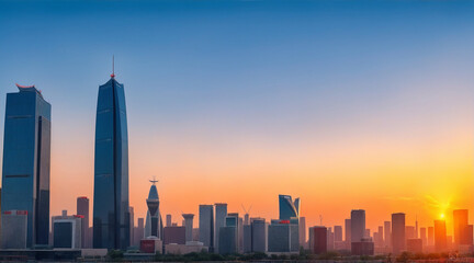 Sunset sky in modern Beijing skyline steel skyscrapers. Generative AI.