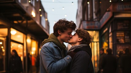Closeup portraits of diverse gay couple kissing at the street.