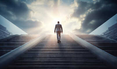 an ambitious businessman climbing the stairs to success, symbolizing the concept of career path success, future planning, and business competitions