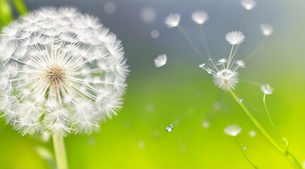 Dandelion water drops and closeup of flower in nature for spring. Generative AI.