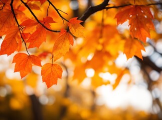Colorful Bright Leaves on Branch - Fall Bokeh Background. Generative AI.