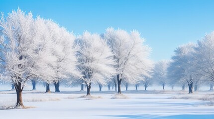 Frosty Winter Wonderland: Trees Covered in Glistening Frost. Generative AI.