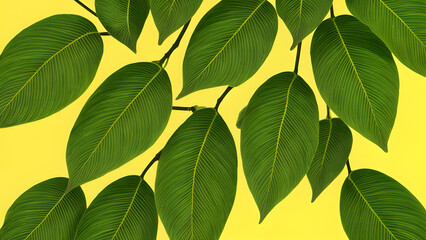 Obraz premium Tropical green foliage seamless pattern on bright yellow backdrop for background