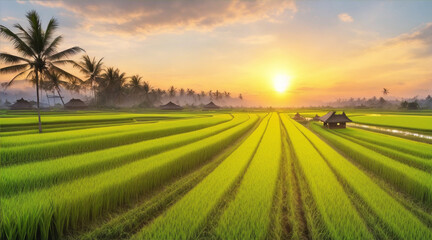 Organic rice harvested at sunset Bali beauty. Generative AI.