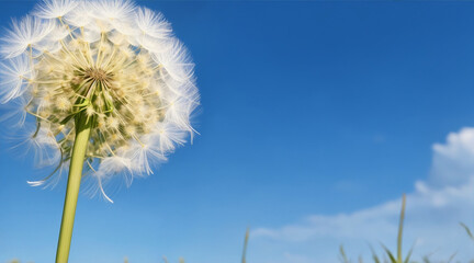 Dandelion closeup blowing in the wind in nature against a blue sky plant. Generative AI.