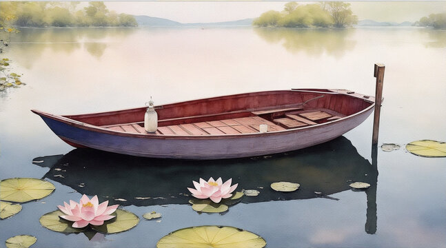 Boat on the lotus lake watercolor oil painting wallpaper. Generative AI.