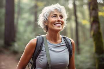 AI generated image of attractive mature senior woman on hiking - Powered by Adobe