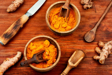 Turmeric root and turmeric powder, medicine herb.