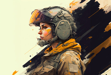 Naklejka premium Soldier girl tank pilot, watercolour splashes. AI generated.