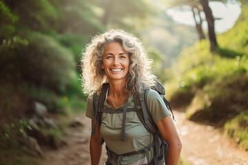 AI generated image of attractive mature senior woman on hiking - 628405950
