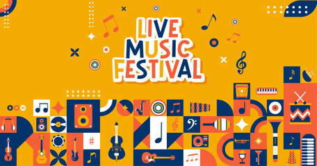 Live Music Festival - Musical events - Title and editable vector illustrations - Various musical instruments - Positive and colorful universe - Modern design -