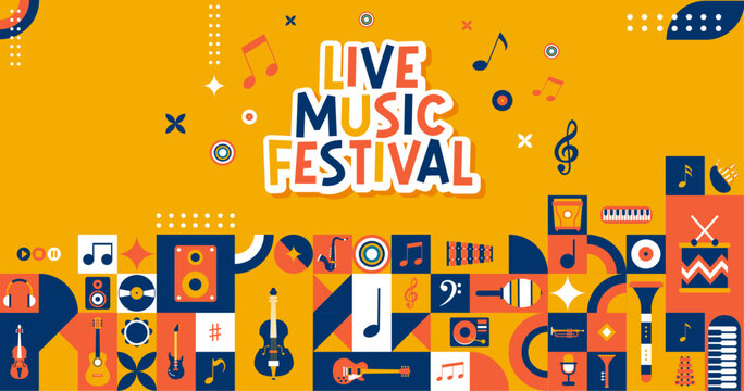 Live Music Festival - Musical events - Title and editable vector illustrations - Various musical instruments - Positive and colorful universe - Modern design - 