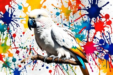Splatter Art, A captivating splatter art composition featuring a majestic white parrot Splatter Art, A captivating splatter art composition featuring a majestic ant surrounded by colorful splashes of 