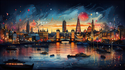 city in night view, london city, ar 16:9 --q 2 --v 5.2 --s 250 - obrazy, fototapety, plakaty