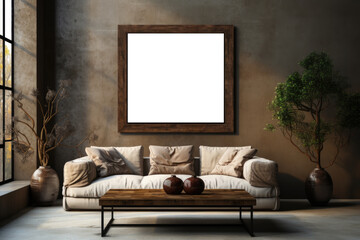 empty frame mockup inside the room. The room is decorated minimalistic with a chair, flower vase, and elegant interior near window