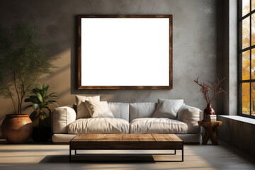 big empty white frame mockup inside the room. The room is decorated minimalistic with a chair, flower vase, and elegant interior near window