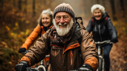Fototapeta premium Happy older couple ride the bike. Generative AI