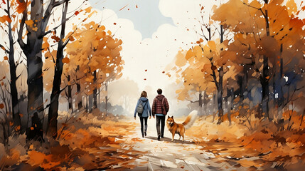 Couple are walking with dog corgi in the autumn park. Generative AI
