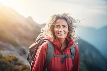 Keuken foto achterwand Zalmroze AI generated image of mature senior woman hiking on mountains