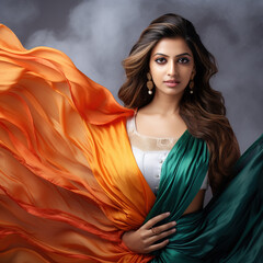 Indian bautiful girl wrapped in indian waving flag cloth on black background © Graphic Master