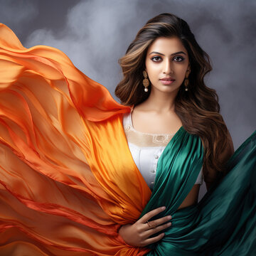 Indian bautiful girl wrapped in indian waving flag cloth on black background