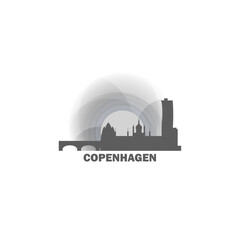 Denmark Copenhagen cityscape skyline capital city panorama vector flat modern logo icon. Nordic Europe region emblem idea with landmarks and building silhouettes at sunset sunrise