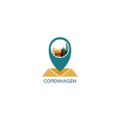 Denmark, Copenhagen map pin point, geolocation, skyline vector logo, icon, isolated illustration. Nordic metropolitan clip art with landmarks