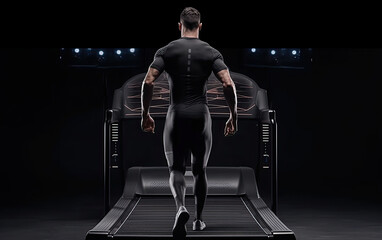 Fototapeta na wymiar Young sports man walks on treadmill indoor, back view, generative ai