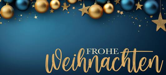 Frohe Weihnachten, festliche Grußkarte mit deutschem Text – Hängende goldene und blaue Christbaumkugeln auf dunklem blauem Hintergrund (Generative Ai)