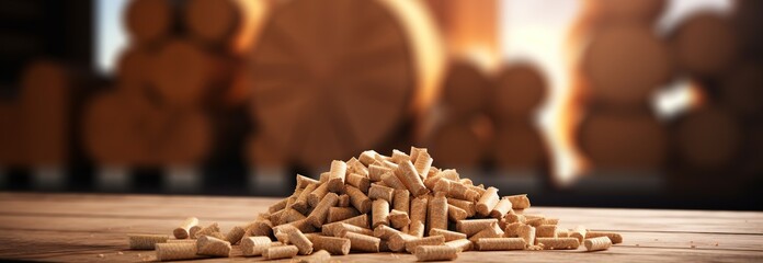 stack of biomass wood pellets pile and woodpile on background