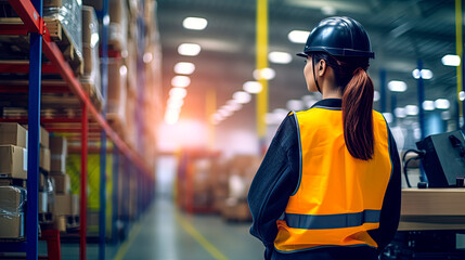 A woman in a protective vest visits a factory. Back view