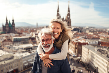 AI generated image of happy mature senior couple in the city - 628407569
