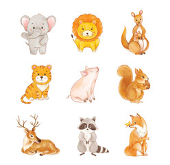 set of animals wildlife cartoon watercolor