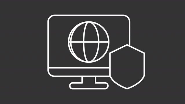 Network security white animation. Globe rotating on computer screen line animated icon. Shield with check mark. Isolated illustration on dark background. Transition alpha video. Motion graphic