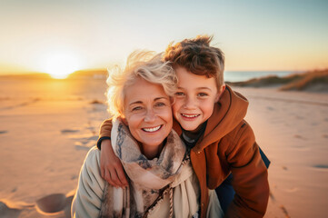 AI generated image of grandmother with grandchildren on beach - obrazy, fototapety, plakaty