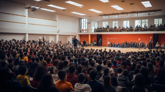 Community and shared experiences - a panoramic view of a school assembly hall during an event