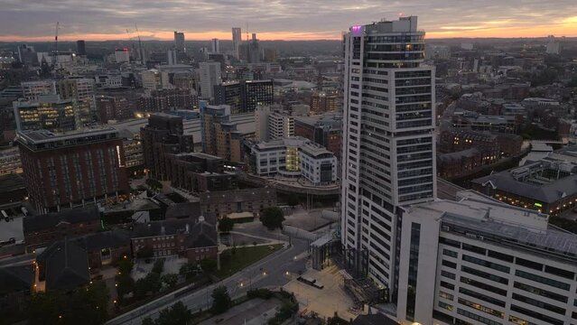 Establishing Aerial Drone Shot of Leeds City Centre and Bridgewater Place Before Stunning Sunrise in Low Light