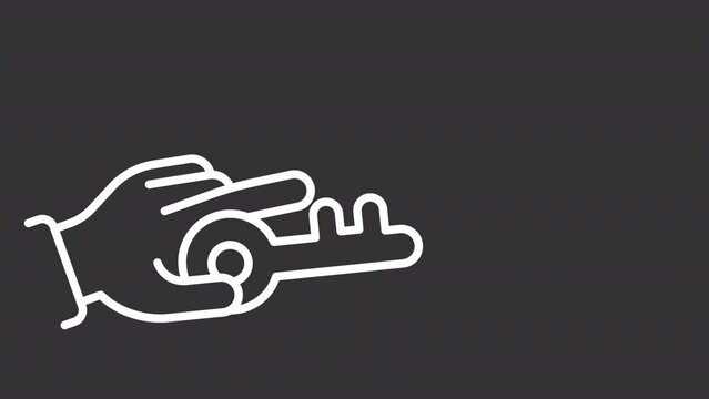 Key in hand white animated icon. Holding out key line animation. Estate agent. House purchase. Rent car. Open lock. Isolated illustration on dark background. Transition alpha video. Motion graphic